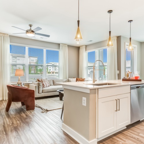 Kitchen open-concept apartment floor plan at Bainbridge Market Commons in Frederick, MD